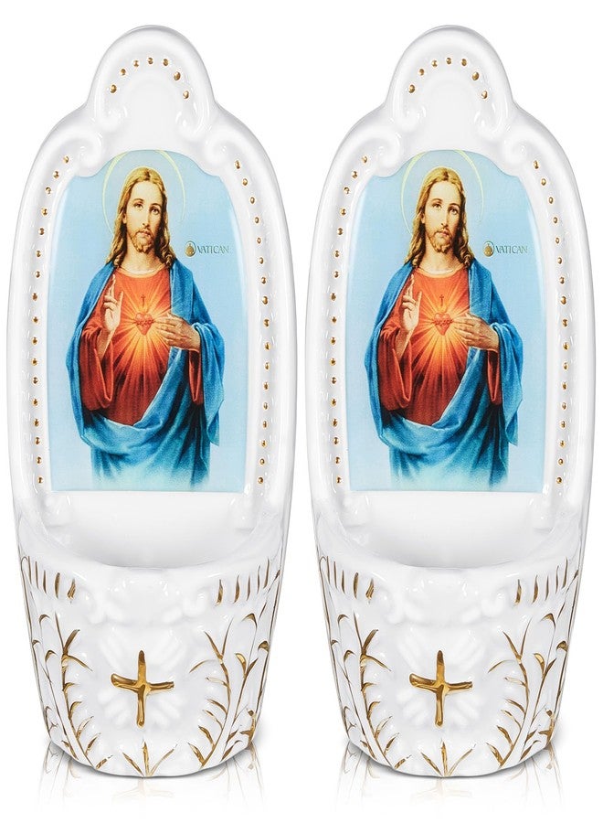 Willinglong 2 Pcs Porcelain Catholic Holy Water Font Ceramic Sacred Heart of Holy Water Fonts Wall Hanging Container for Home Church Entrance Decor First Communion Confirmation Gift(Jesus) - Image 1
